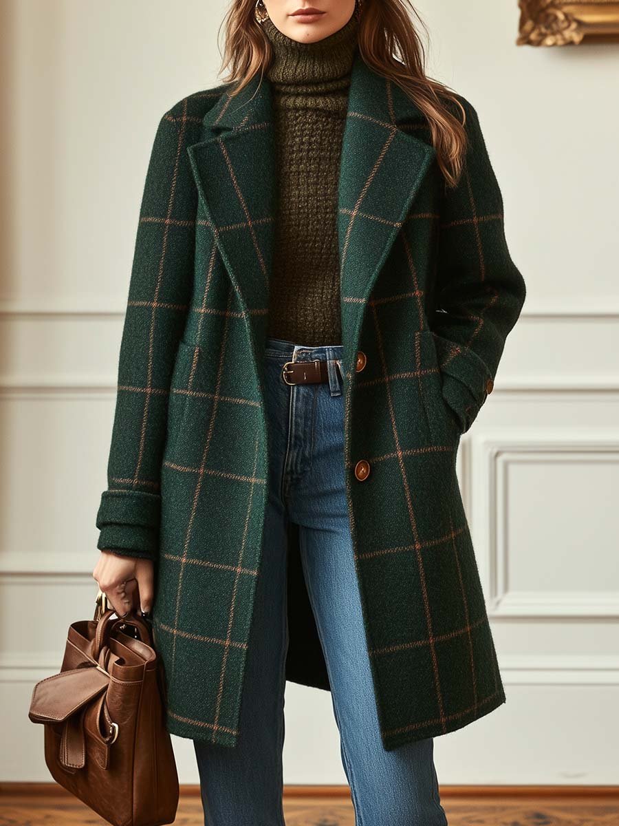 Women's-Retro Lapel Plaid Tweed Coat